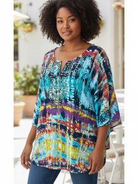 Cato Woman 22/24W Colorful Tunic Blouse Beaded Neck Boho Flowy Top